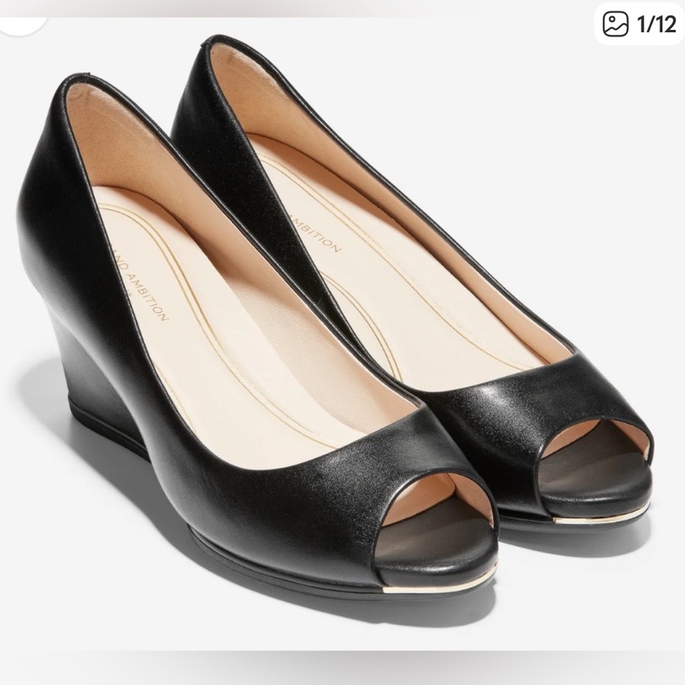 Cole Haan Black Grand Ambition Open Toe Wedge Heel, Black Leather